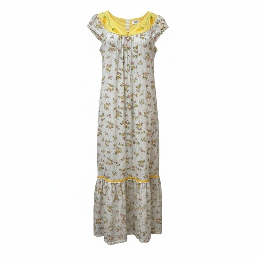 Kinnari Creative Design Vintage Floral Maxi Dress Yellow Yoke Lace Trim Small